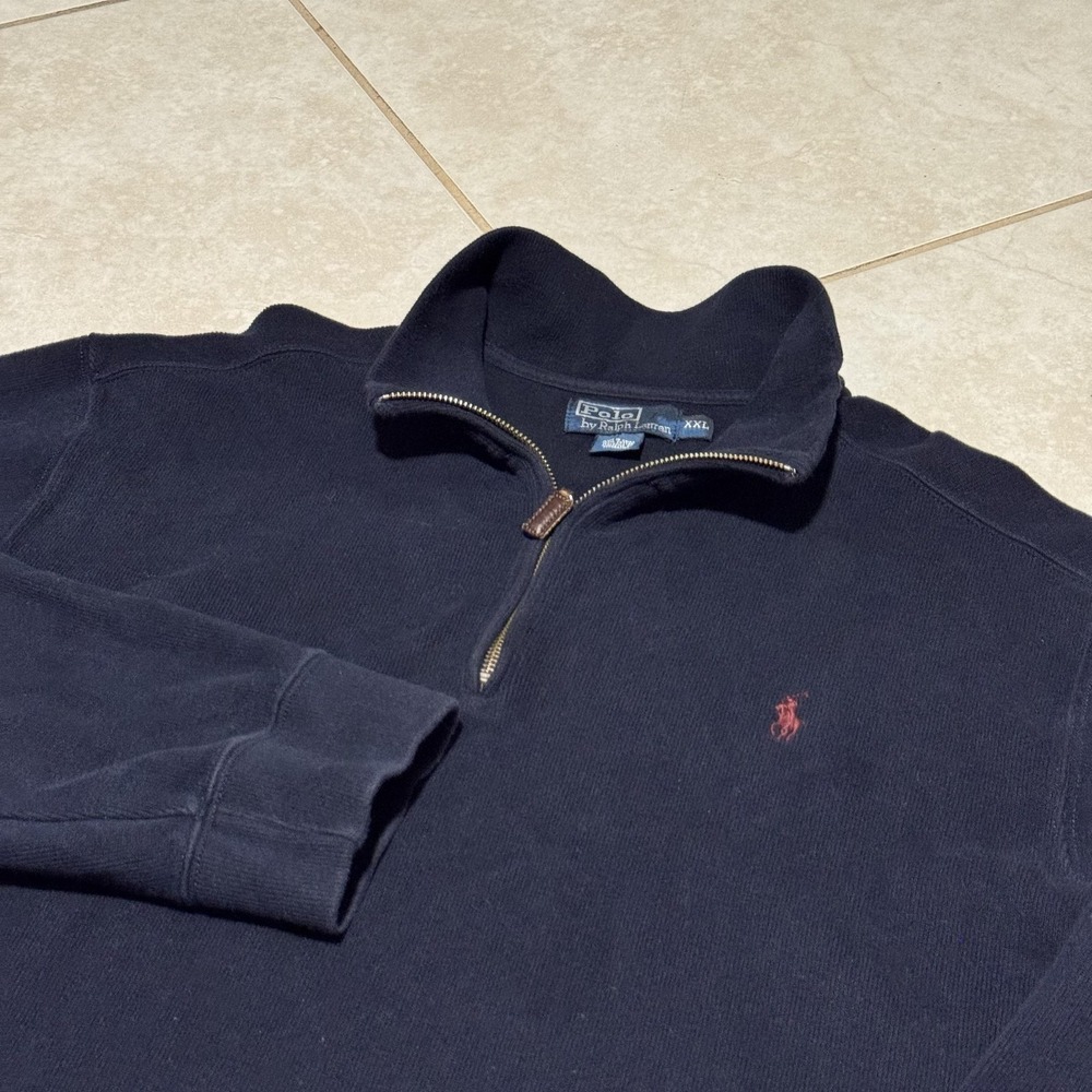Polo Ralph Lauren Sweater Mens 2XL Navy Quarter Zip Mock Neck Cotton‎ Pony Logo